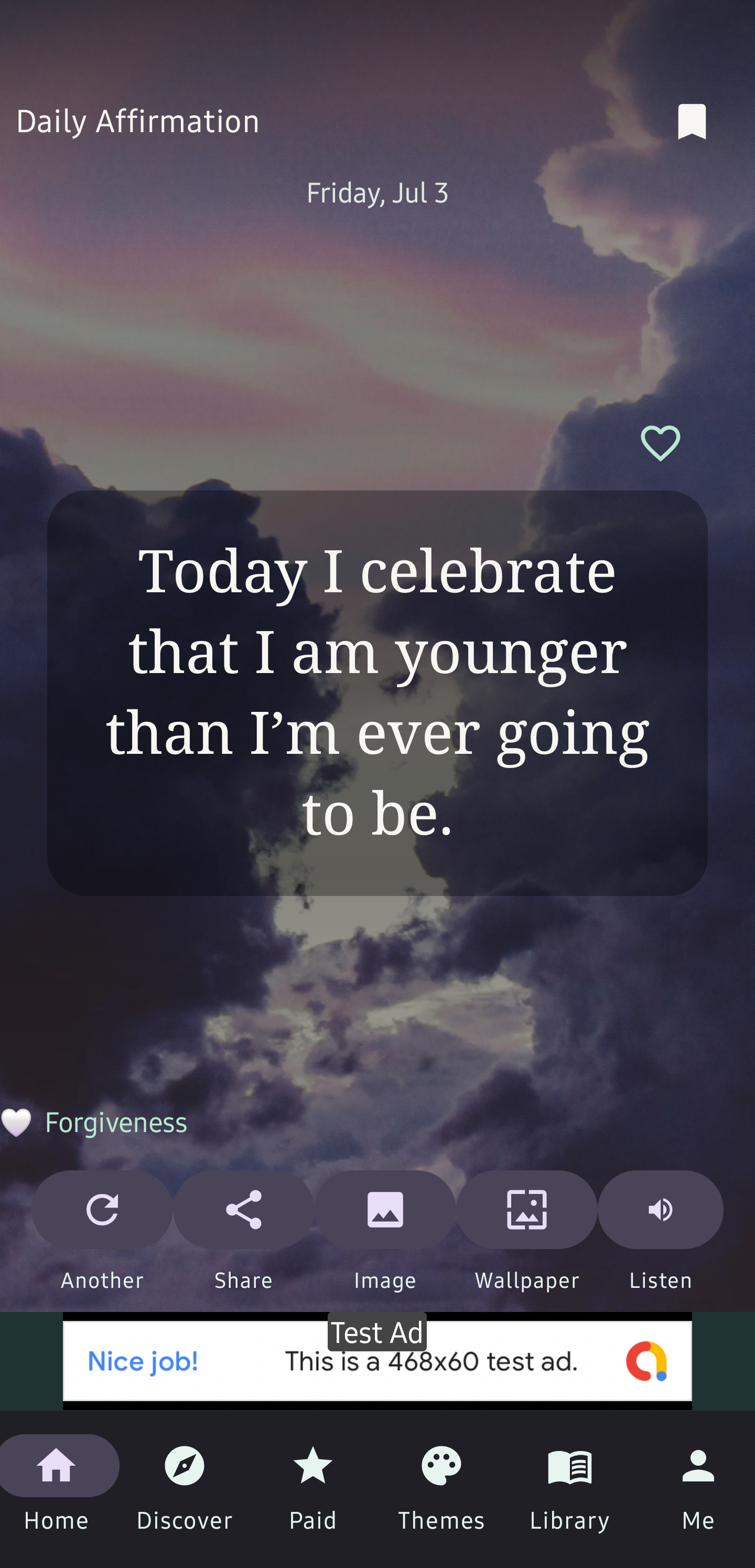 Home screen with daily affirmation and streak