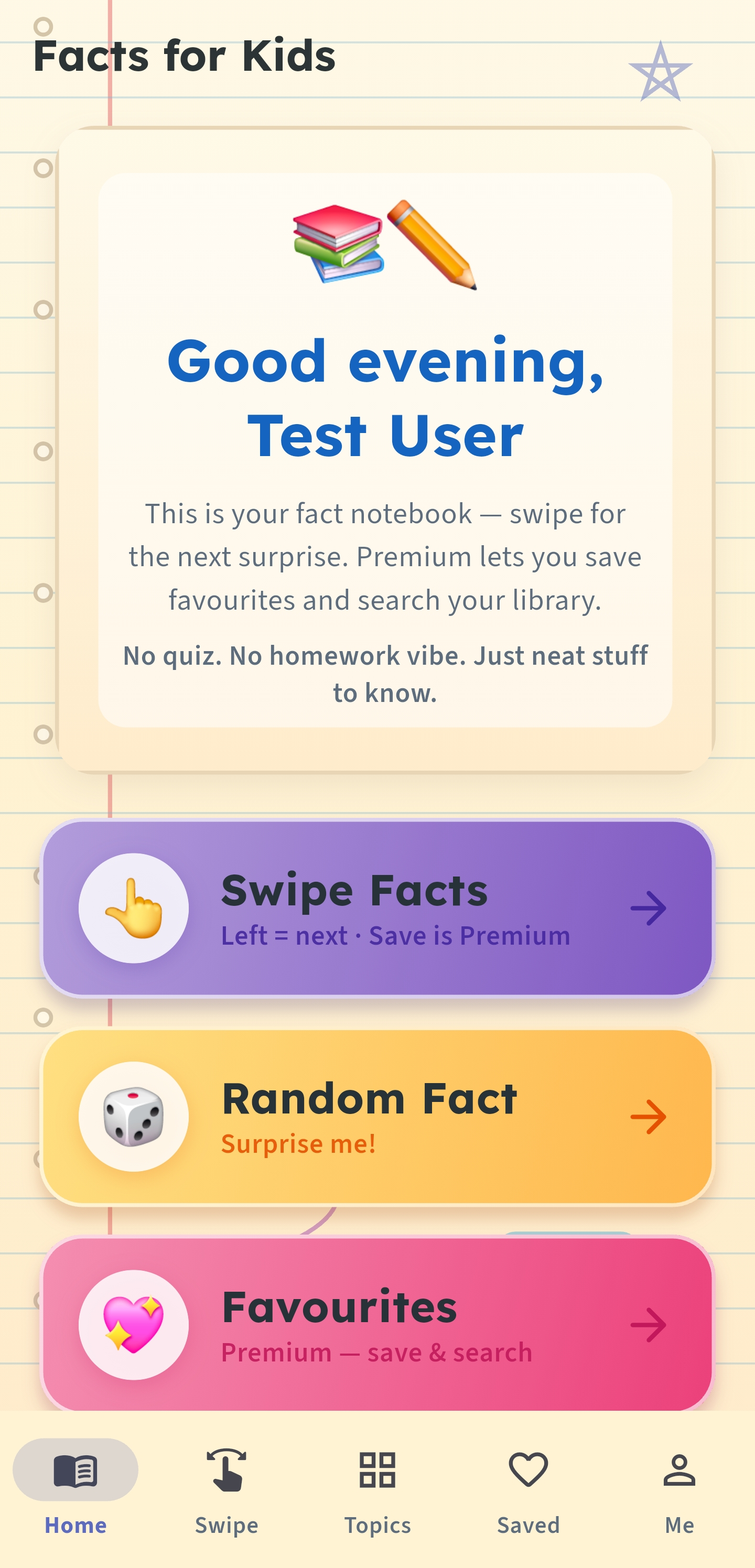 Facts for Kids home screen with notebook menu