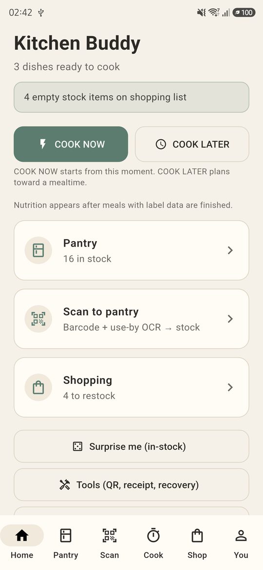 Kitchen Buddy home screen with COOK NOW and COOK LATER