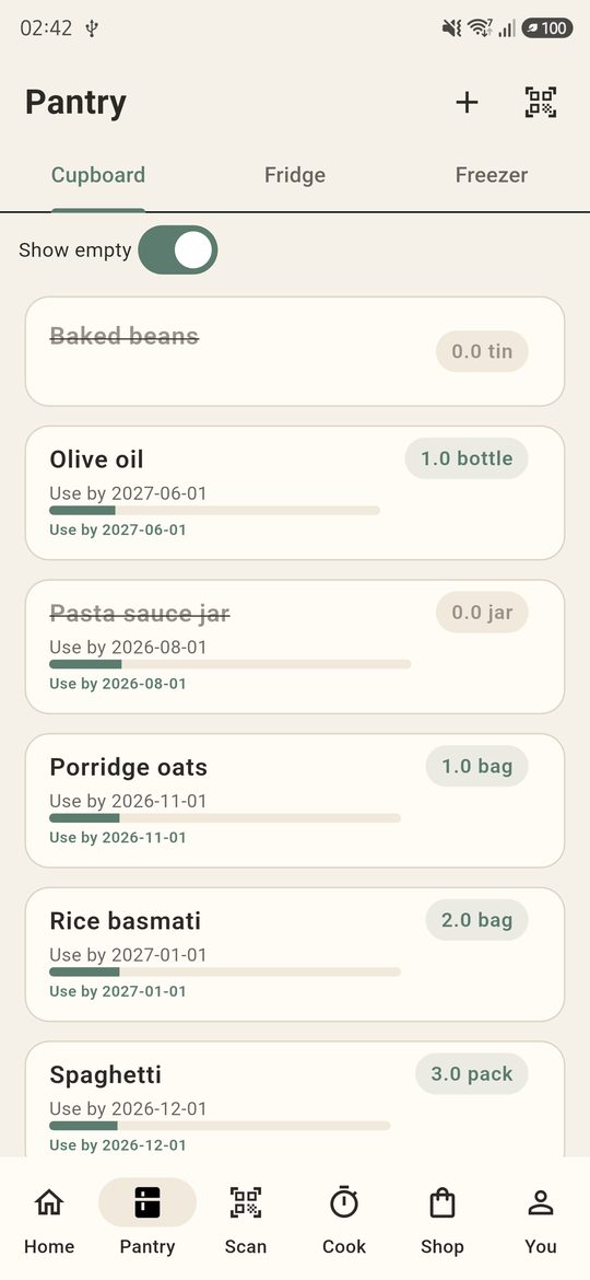 Cupboard pantry with pasta, rice and oils