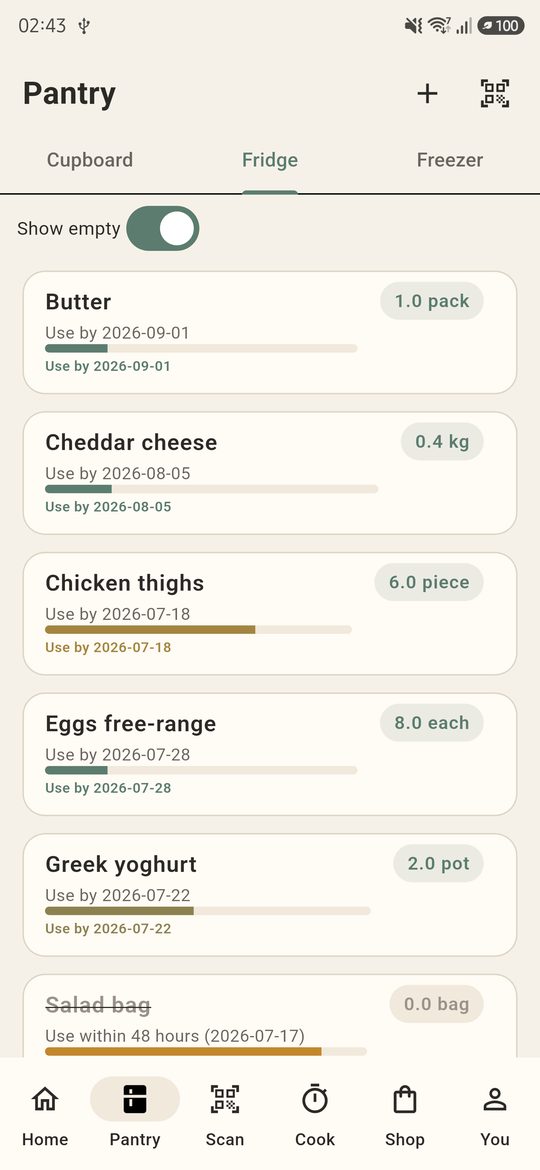 Fridge pantry with milk, eggs, chicken and cheese