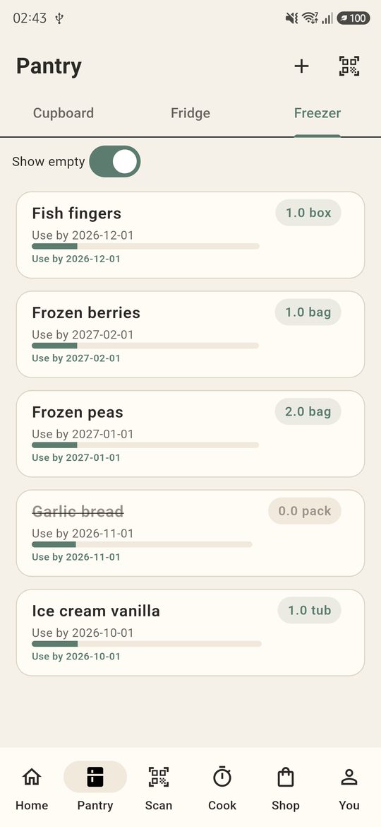 Freezer pantry with peas, fish fingers and ice cream