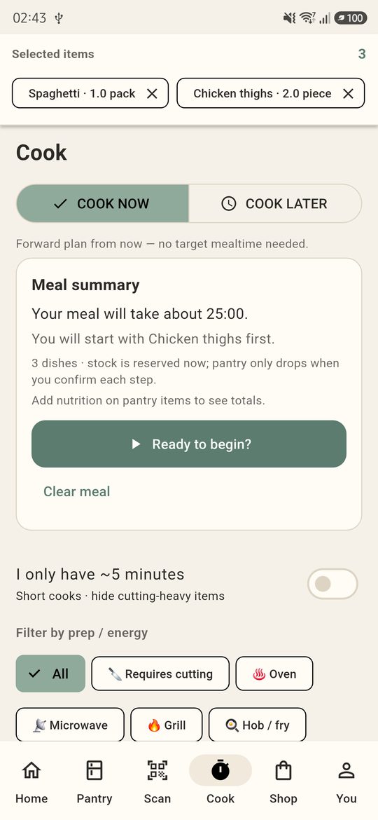 Cook screen with selected dishes and 25 minute meal summary