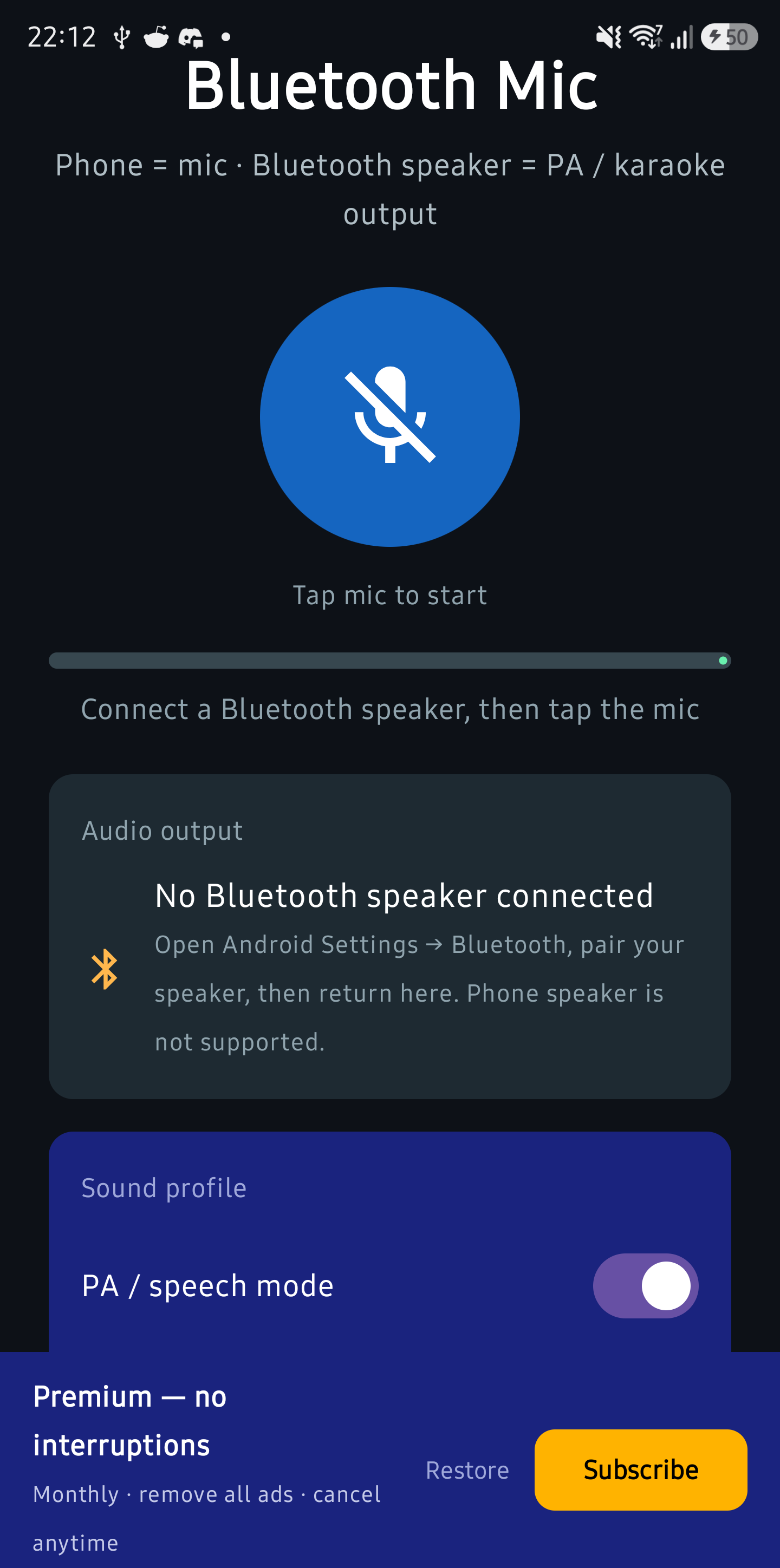 Bluetooth Mic home screen — tap mic to start